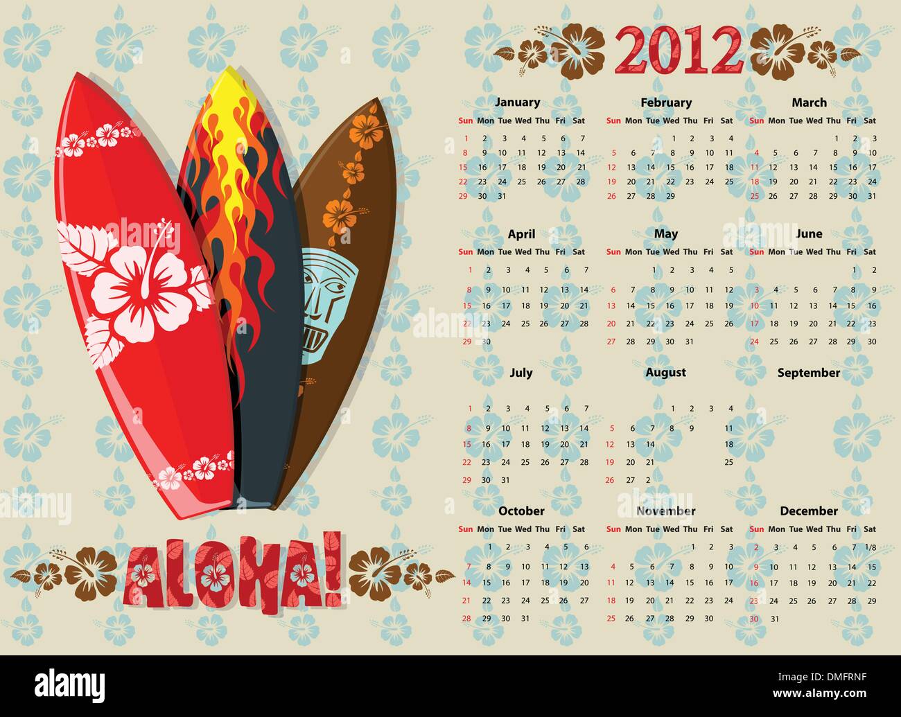 Vettore calendario Aloha 2012 con tavole da surf Illustrazione Vettoriale