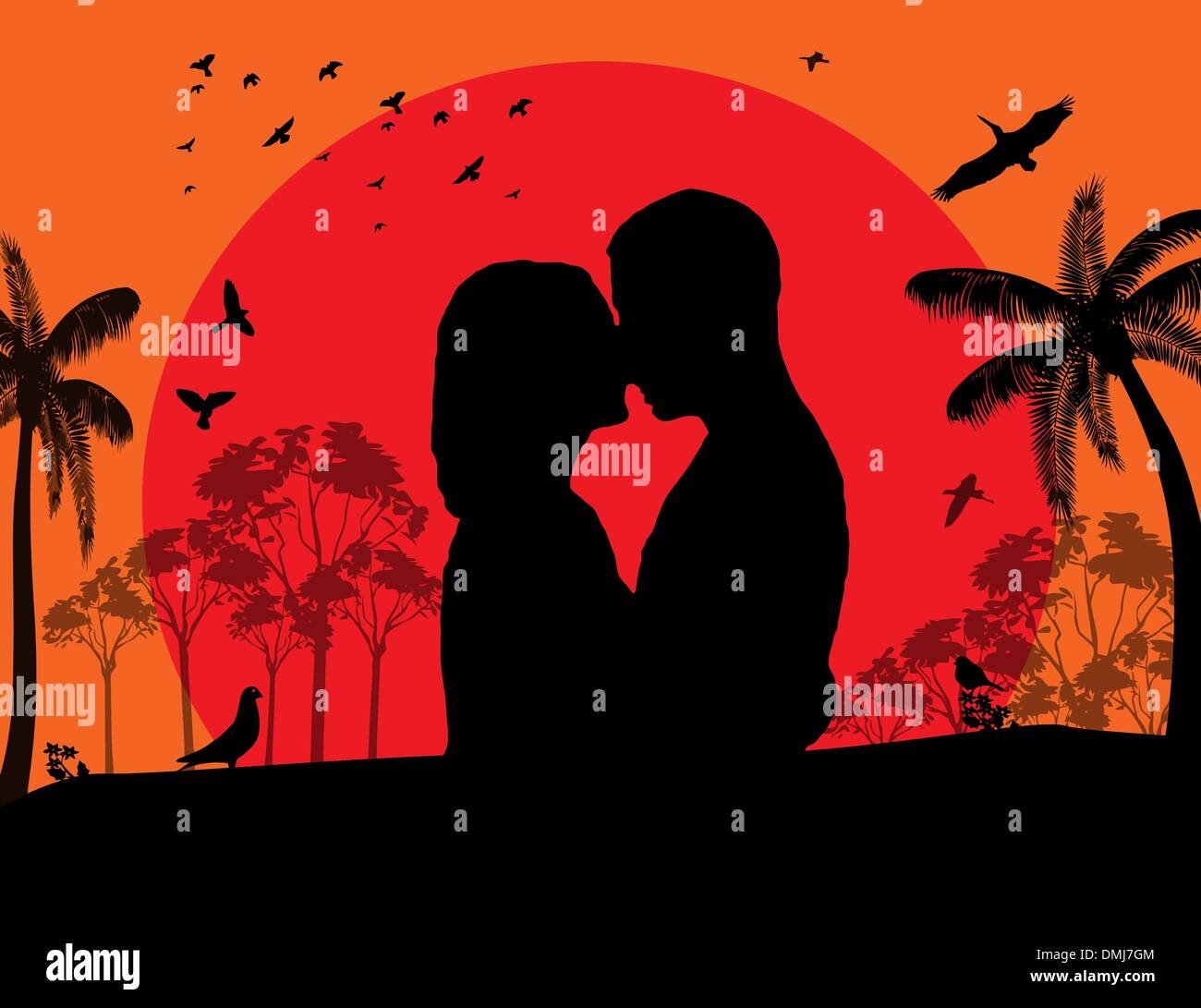 Giovane kissing al rosso tramonto sul Parco Illustrazione Vettoriale
