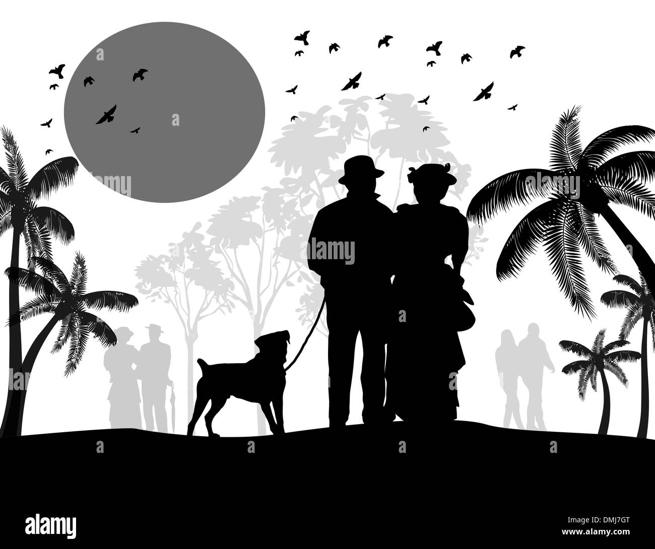 Silhouette di un vintage giovane a piedi il loro cane Illustrazione Vettoriale