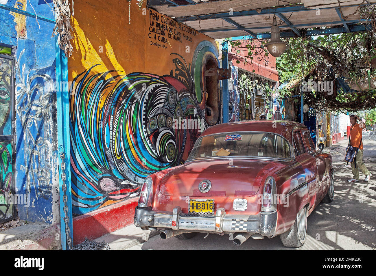 Pareti dipinte in città, LA SANTERIA dipinti (cubano sincretismo, afro-Caraibi cultura), opere pittoriche di SALVADOR GONZALEZ ESCALONA, CALLEJON DE HAMEL, Havana, Cuba, CARAIBI Foto Stock