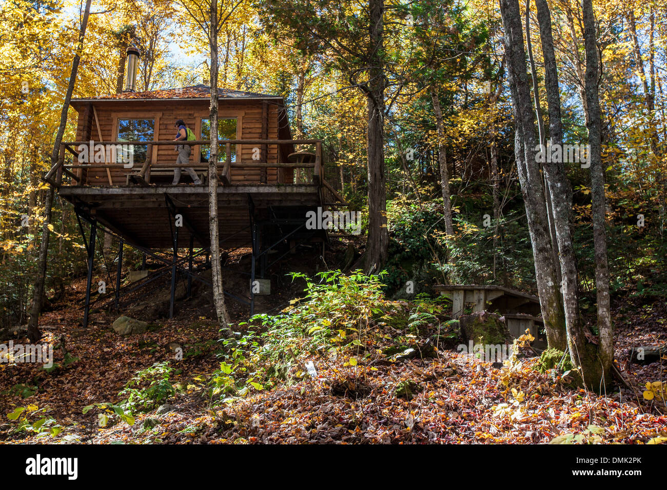 LOG CABIN nella zona intorno a Sainte Lucie de Beauregard, CHAUDIERE-APPALACHES, i colori autunnali, Quebec, Canada Foto Stock