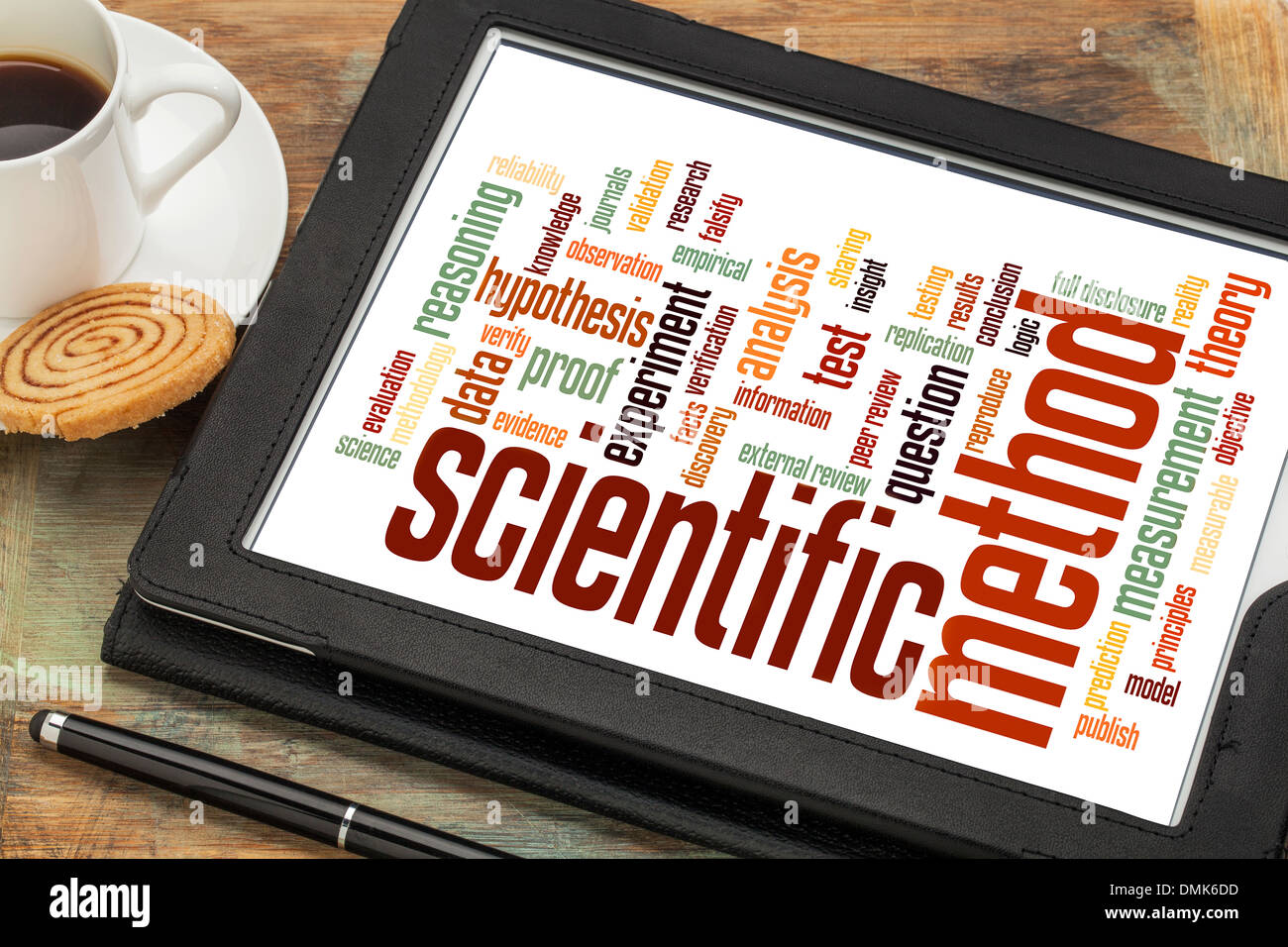 Il metodo scientifico word cloud su una tavoletta digitale con una tazza di caffè Foto Stock