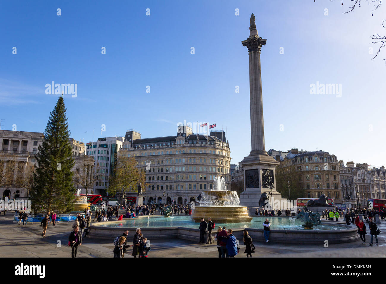 Londra - 14 dicembre 2013: Trafalgar square on un luminoso giorno che mostra l'albero di Natale dalla Norvegia e persone intorno di fresatura Foto Stock