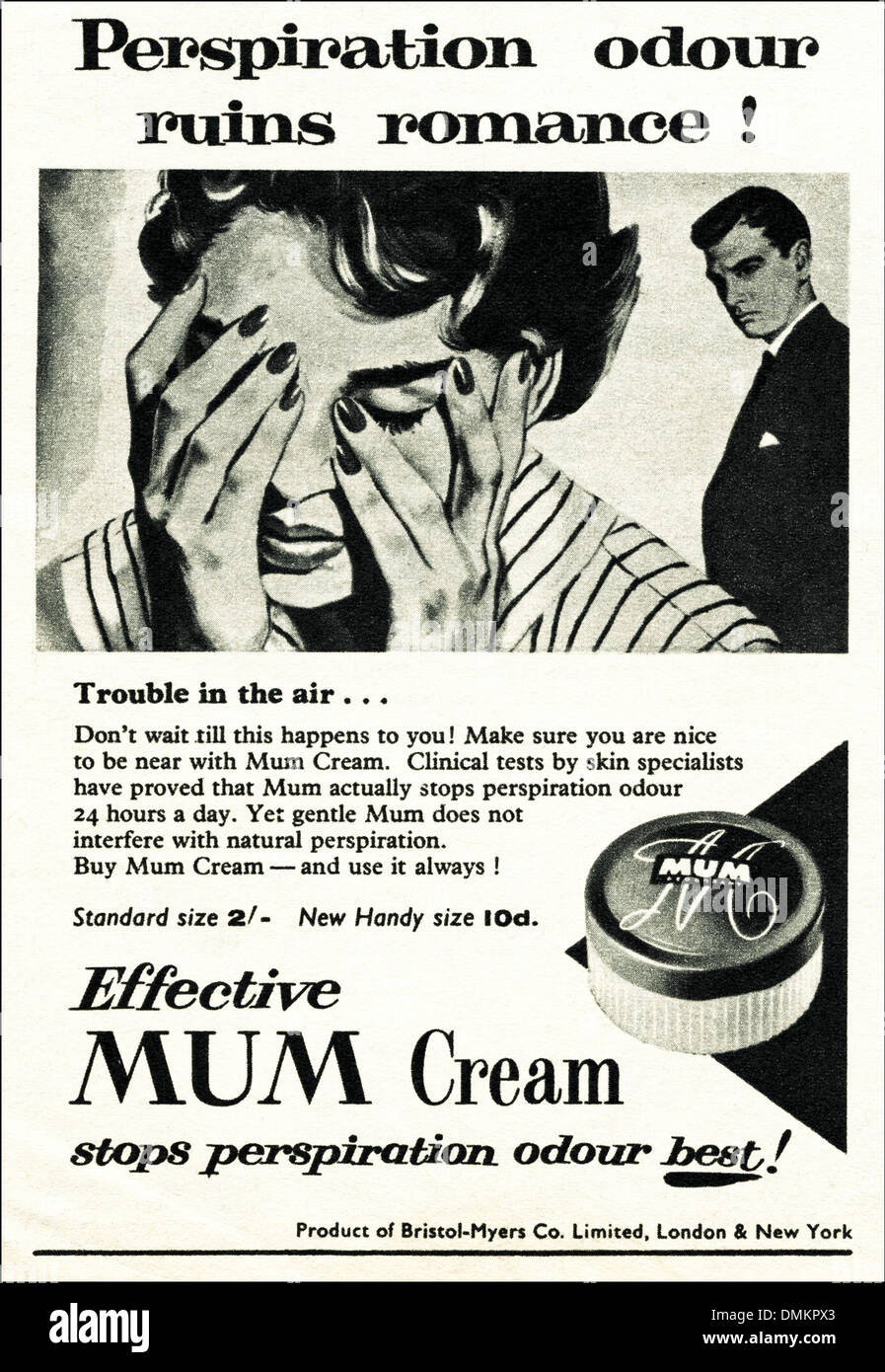 Anni Cinquanta la pubblicità. Vintage originale annuncio rivista annuncio pubblicitario per la mamma il sudore crema per le donne Foto Stock