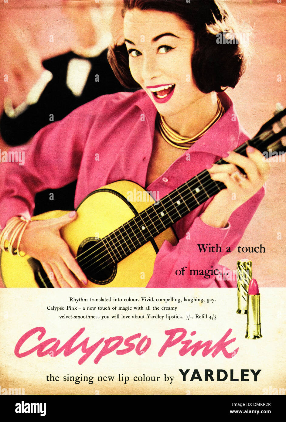Anni Cinquanta la pubblicità. Vintage originale annuncio rivista annuncio per CALYPSO rossetto rosa da YARDLEY Foto Stock