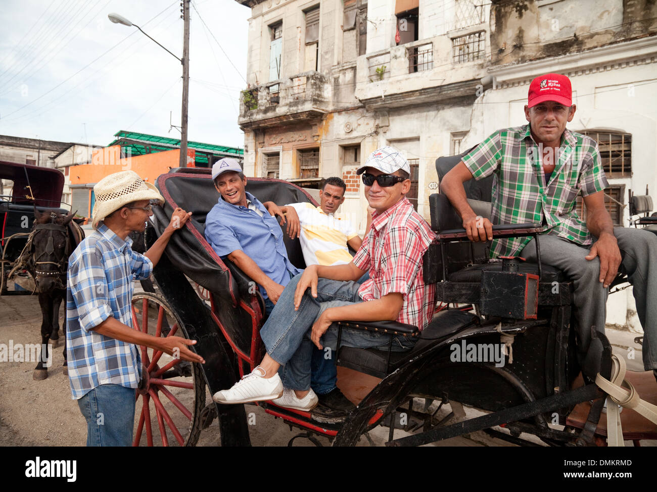 Cavallo cubano e driver carrello rilassarmi prima di una giornata di lavoro sul loro trasporto, Havana, Cuba, Caraibi, America Latina Foto Stock