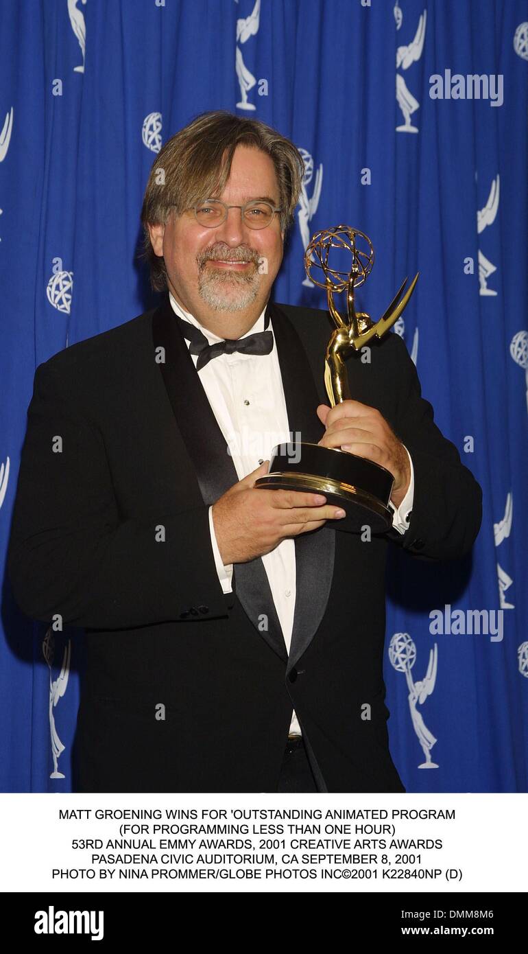 Sett. 9, 2001 - Los Angeles, California, Stati Uniti d'America - Matt Groening vince per 'programma Animated eccezionale.(PER LA PROGRAMMAZIONE DI MENO DI UN'ORA).53RD annuale di Emmy Awards, 2001 Arti Creative Awards.PASADENA Civic Auditorium, CA 8 settembre 2001. NINA PROMMER/ 2001 K22840NP (D)(Immagine di credito: © Globo foto/ZUMAPRESS.com) Foto Stock
