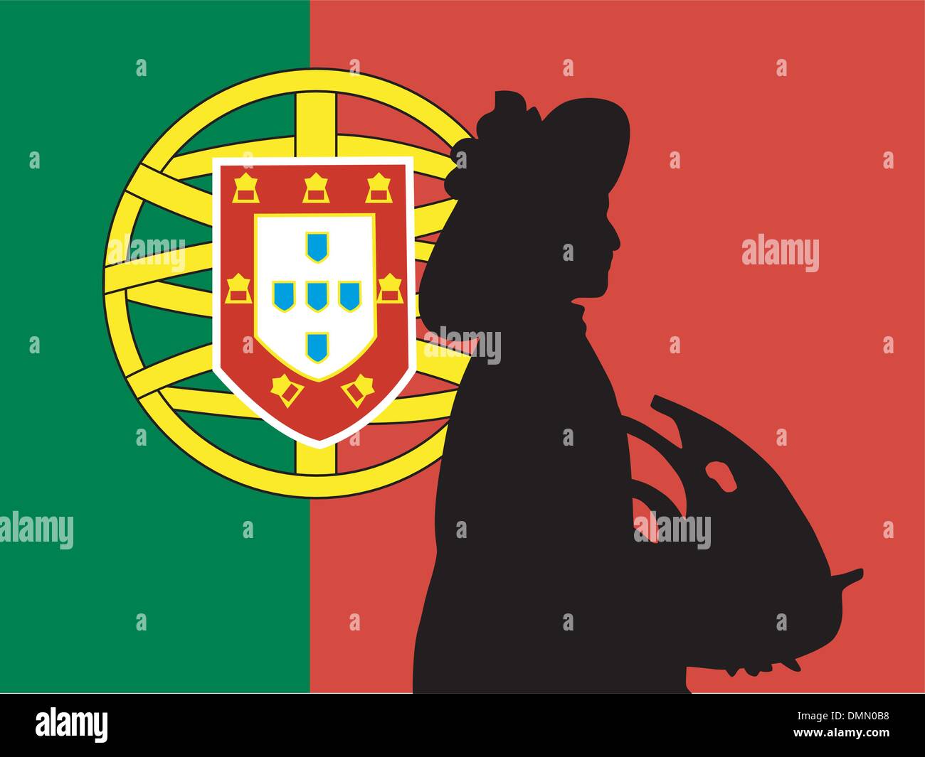 Silhouette di Lisbona sulla bandiera portoghese sfondo Illustrazione Vettoriale