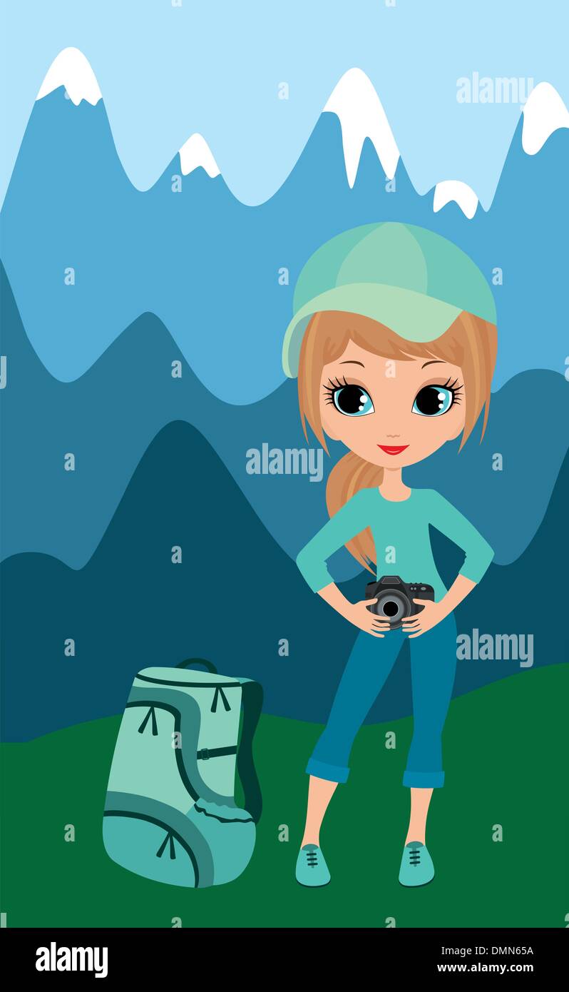 Pretty girl il turista in montagna con la fotocamera Illustrazione Vettoriale