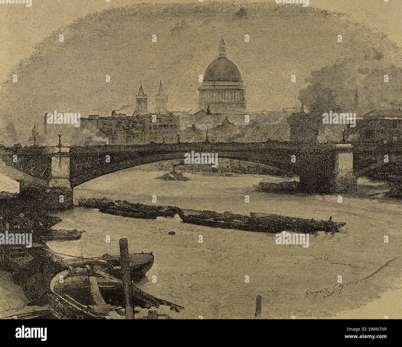 In Inghilterra. Londra. Southwark Bridge. Incisione di G. Seymour. La Ilustracion Iberica, 1886. Foto Stock
