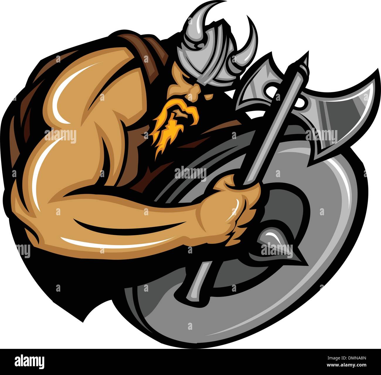 Viking Norseman mascotte cartoon con Ax e la protezione Illustrazione Vettoriale