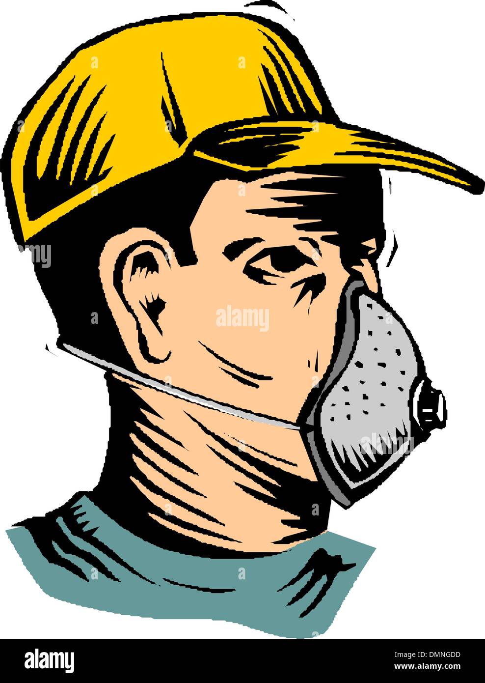La faccia di un uomo in un casco e respiratore Illustrazione Vettoriale