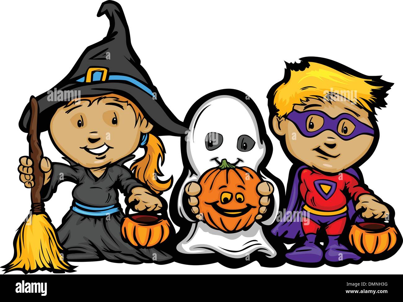 Carino Halloween Kids in Trick or Treat costumi Cartoon Il vettore Illustrazione Vettoriale