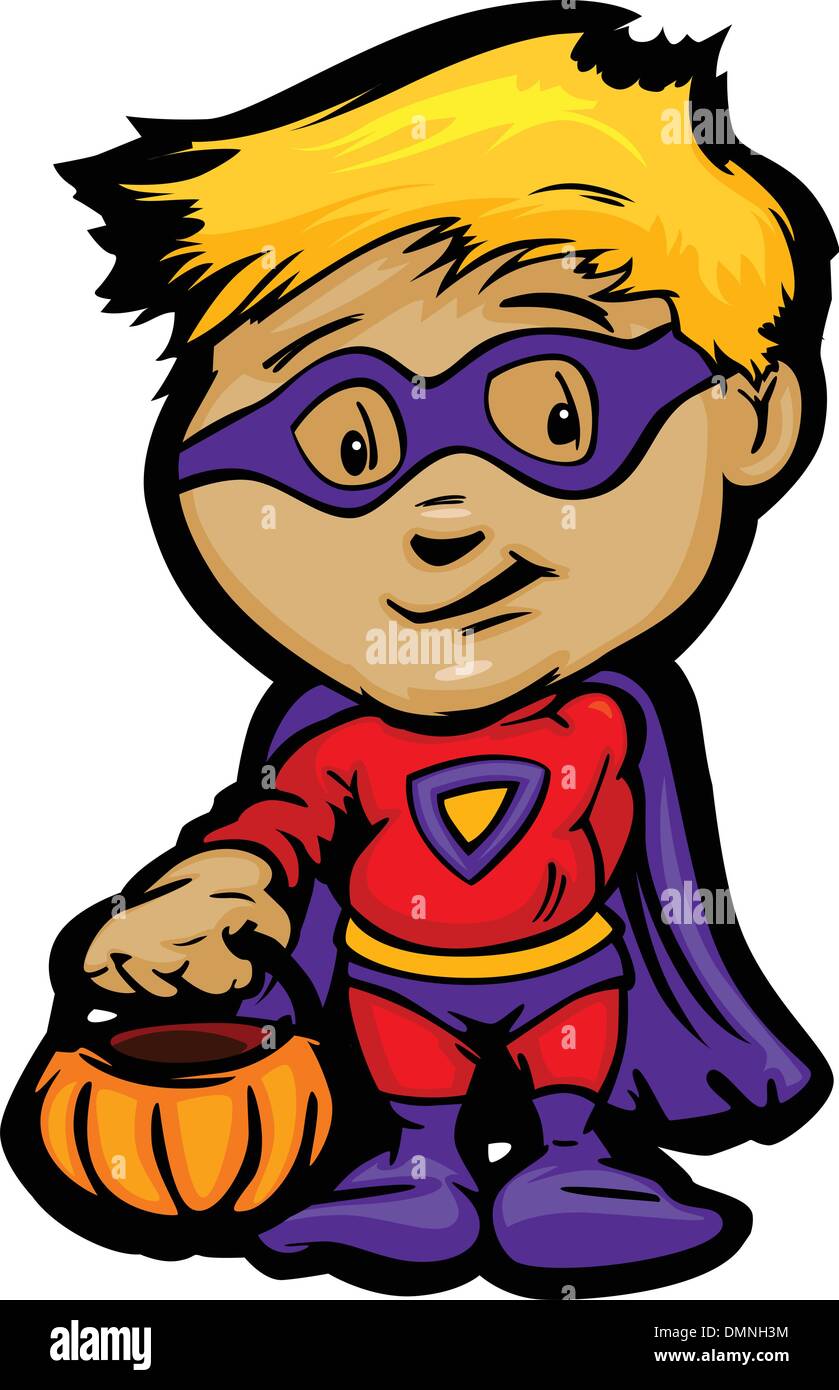 Carino il ragazzo di Halloween a Super Hero Costume Cartoon Illustra vettore Illustrazione Vettoriale