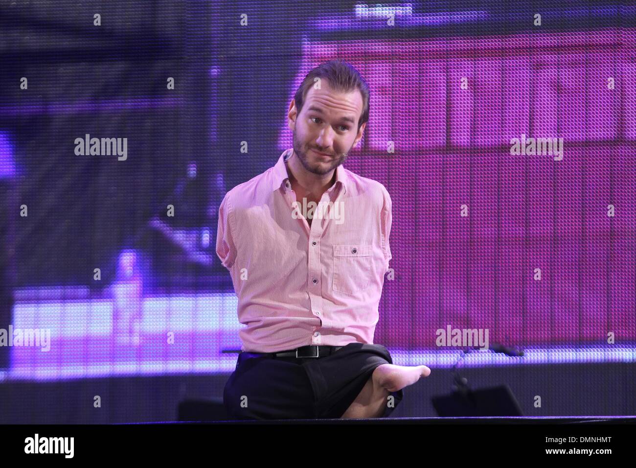 Nick Vujicic dà discorso in Taipei, Taiwanon Sabato, Dicembre 14, 2013. Foto Stock