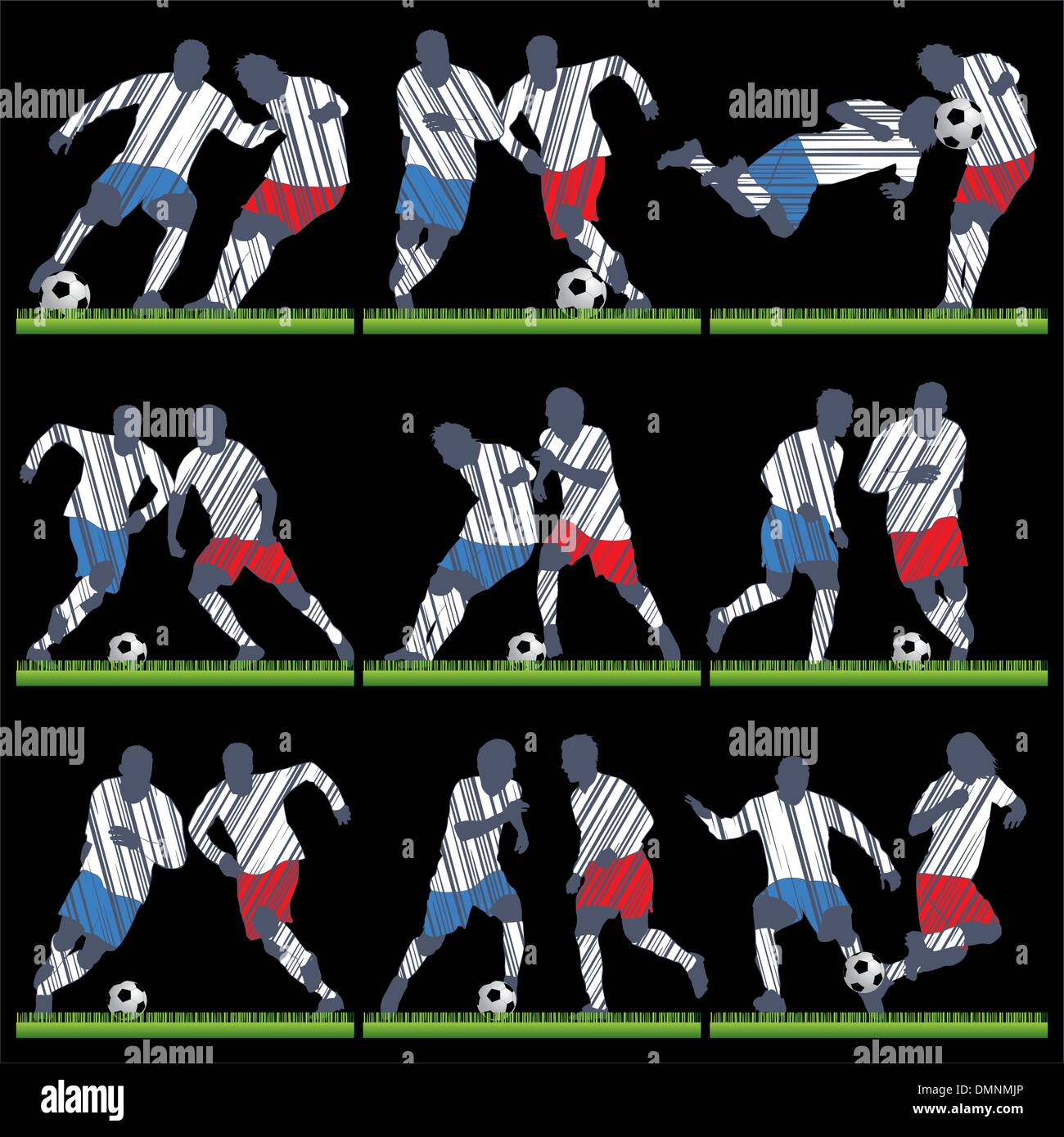 Vettore di giocatori di calcio con la palla ed erba Illustrazione Vettoriale