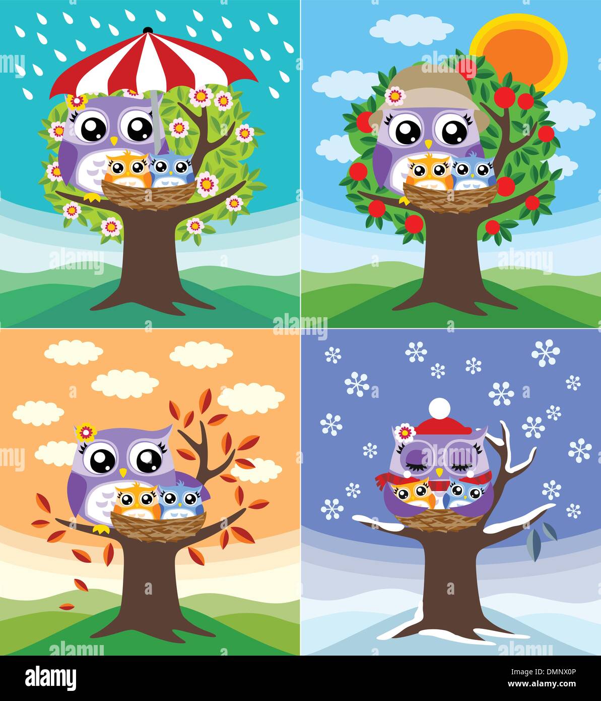 Il gufo di amore di madre di bambini in quattro stagioni Illustrazione Vettoriale