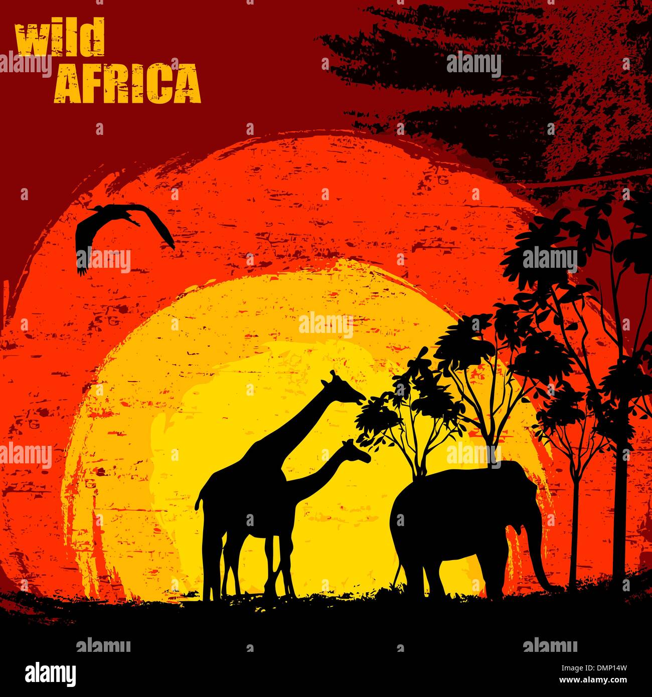 Illustrazione Vettoriale del tramonto in Africa selvaggia Illustrazione Vettoriale