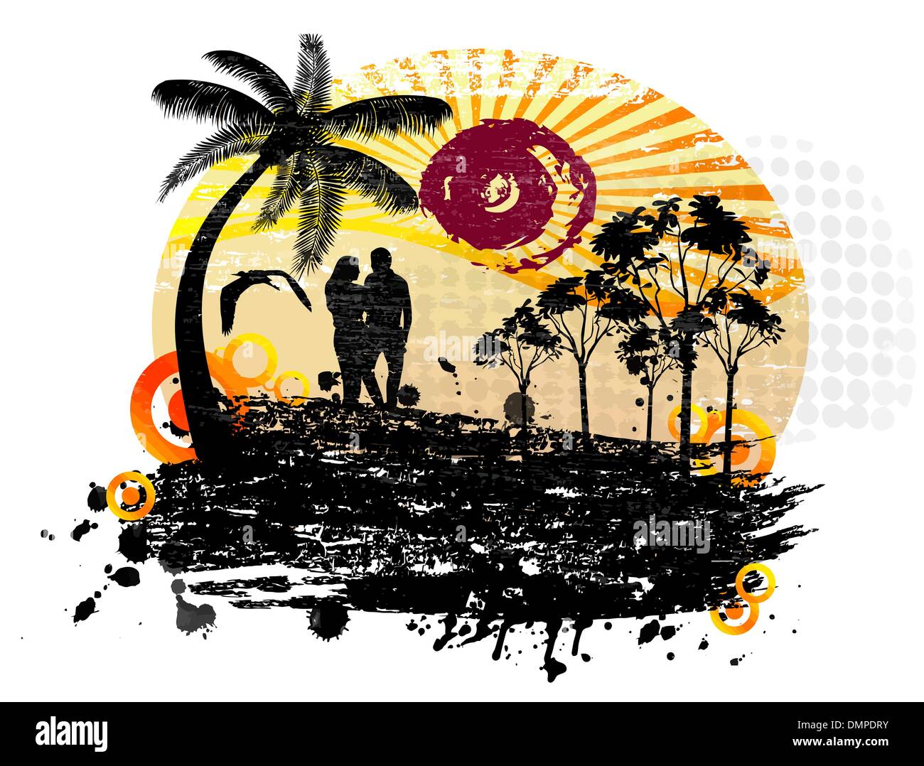 Amanti in un paesaggio tropicale con palme su sfondo astratto Illustrazione Vettoriale