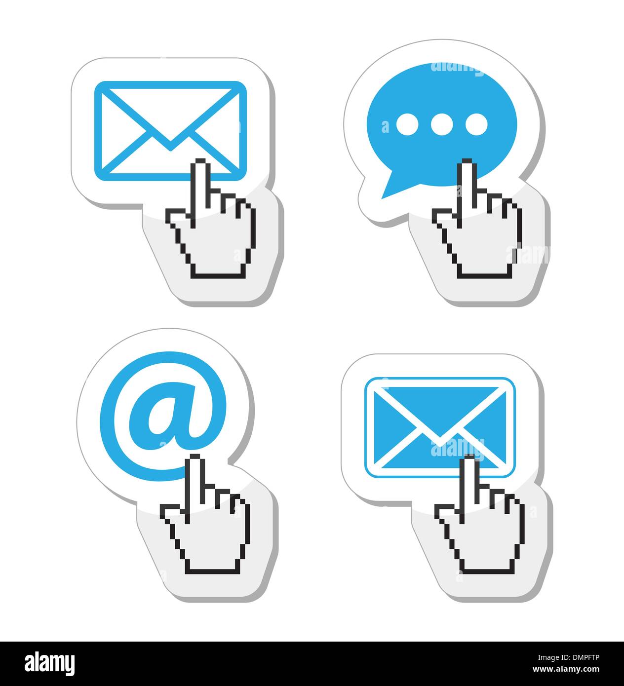 Contatto - busta, e-mail, discorso bolla con cursore mano icone Illustrazione Vettoriale