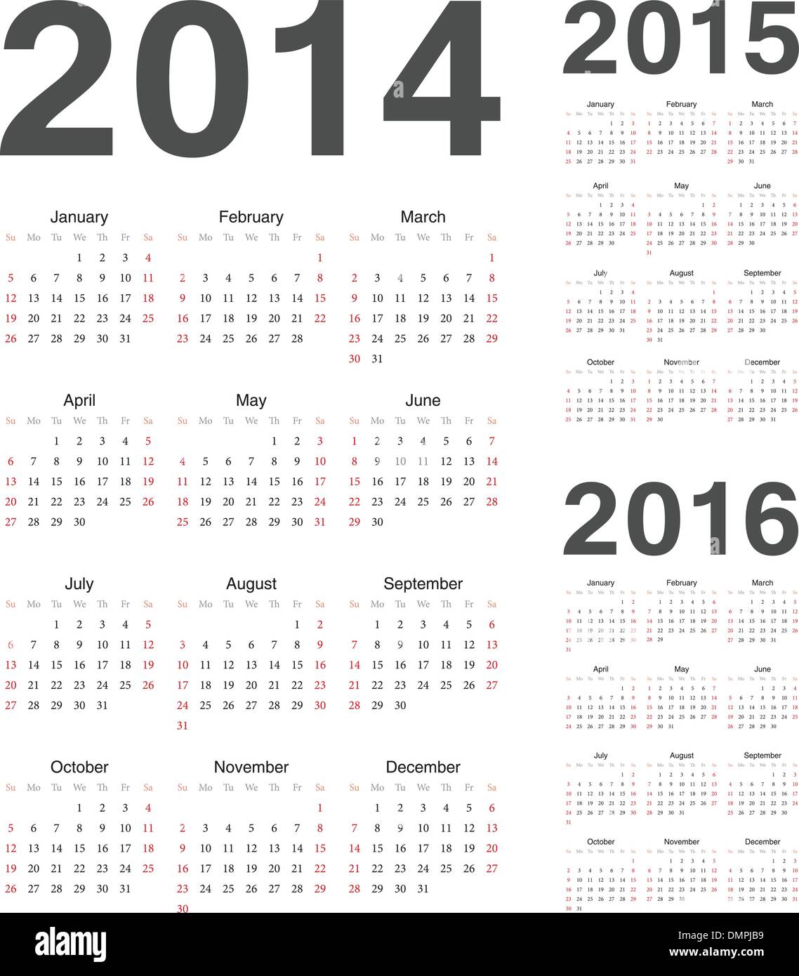 Unione 2014, 2015, 2016 anno calendari del vettore Illustrazione Vettoriale