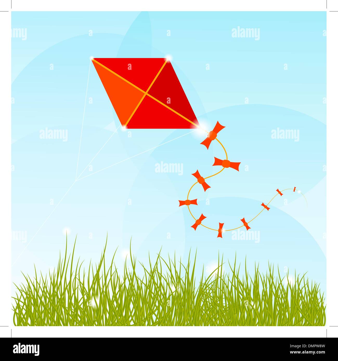 Estate sfondo con erba, nuvole e un aquilone rosso Illustrazione Vettoriale