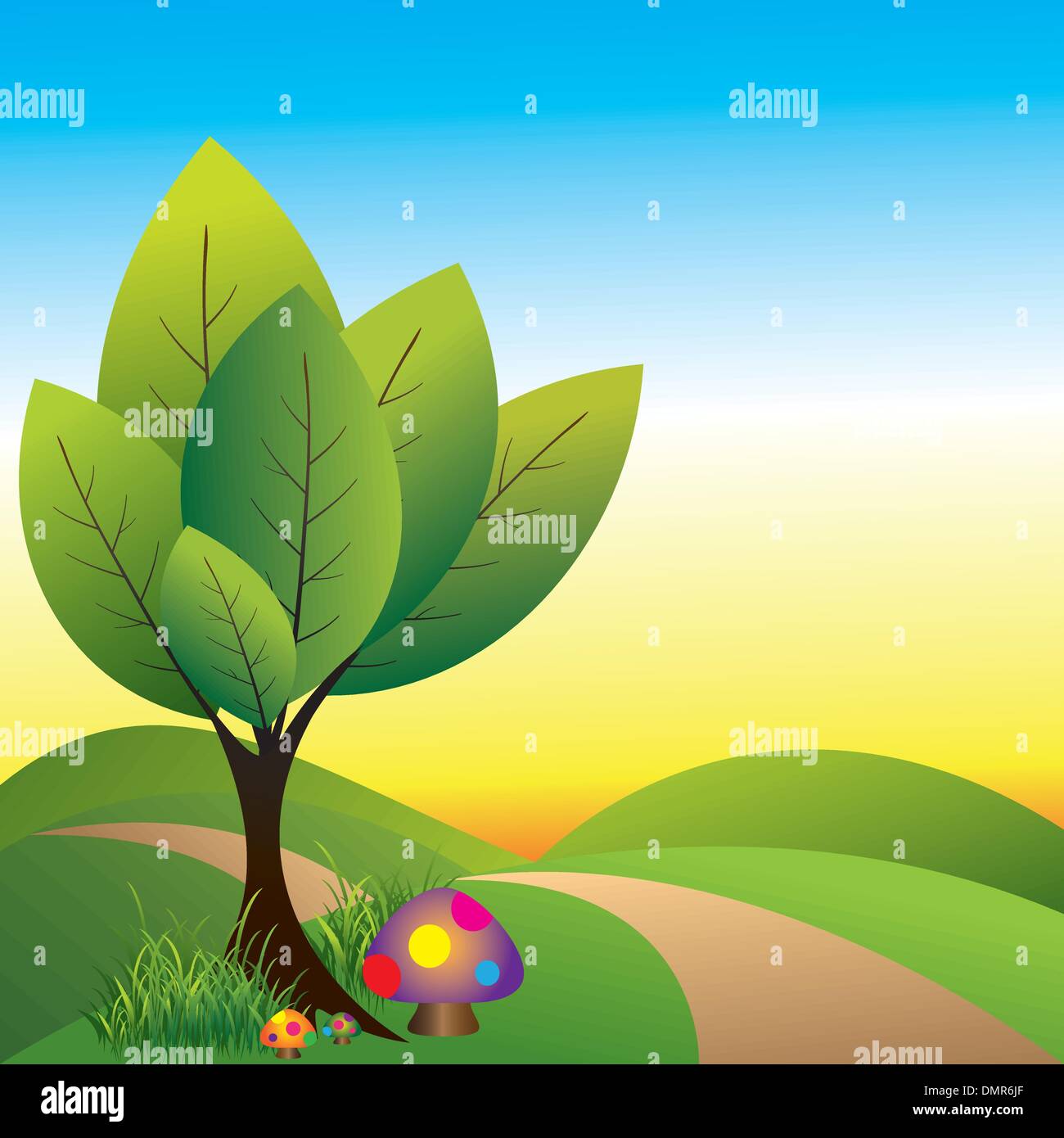 Primavera wonderland di albero e fungo colorato Illustrazione Vettoriale