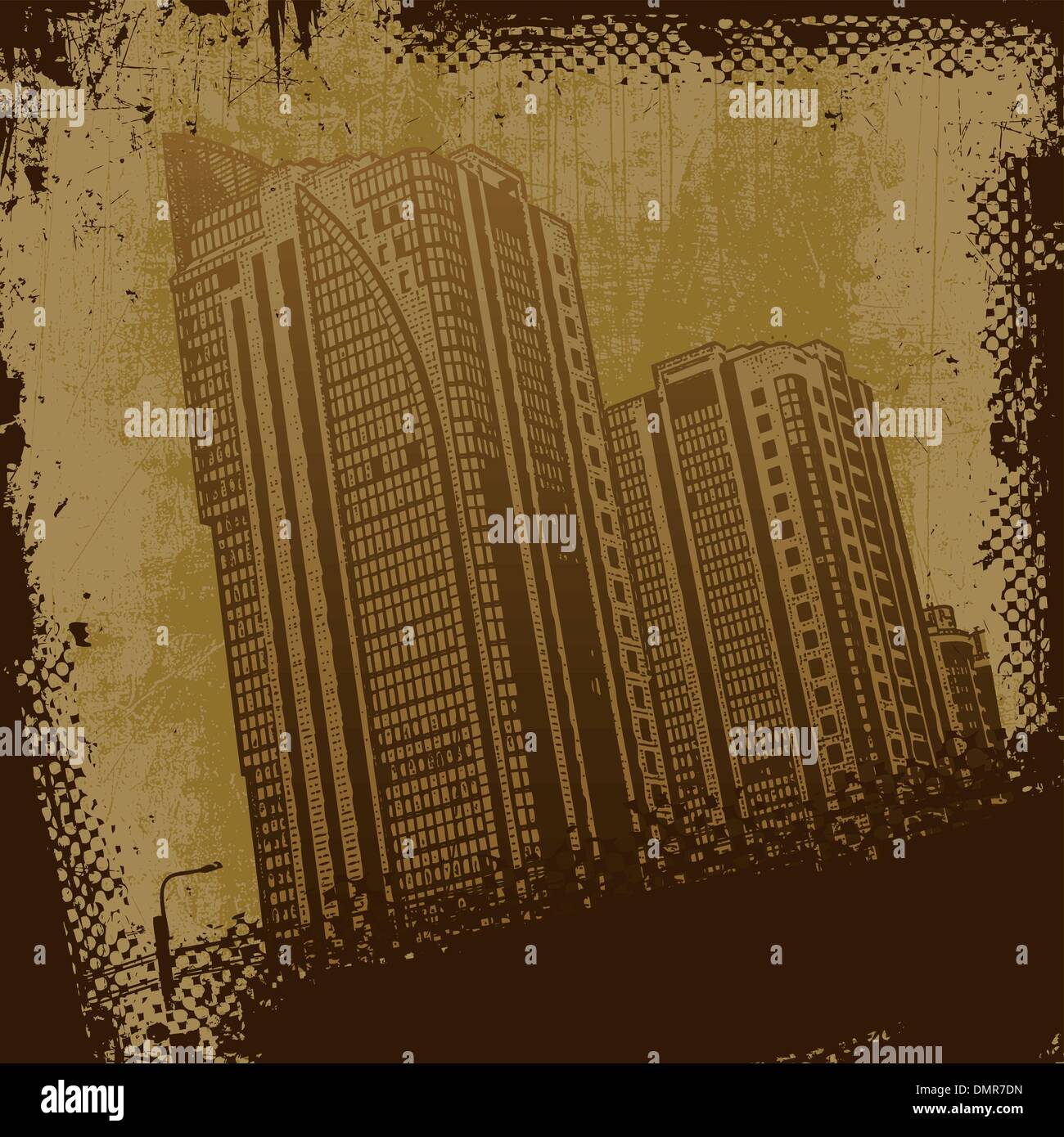 Moderni edifici urbani e grunge sfondo graffiato Illustrazione Vettoriale