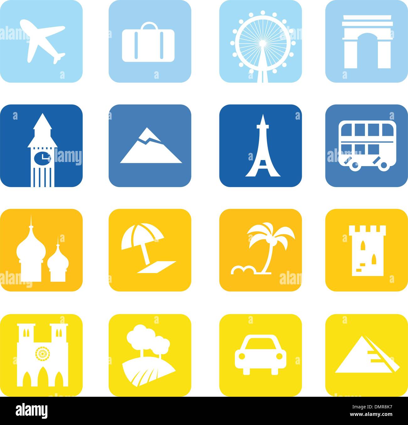 Icone di viaggio e i punti di interesse grande raccolta - blu e giallo Illustrazione Vettoriale