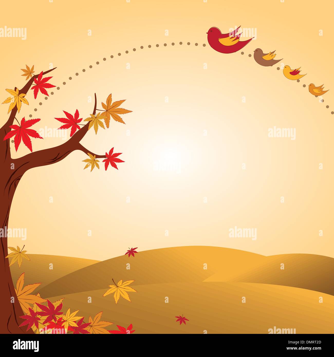 Paesaggio autunnale albero foglie colorate e uccello Illustrazione Vettoriale