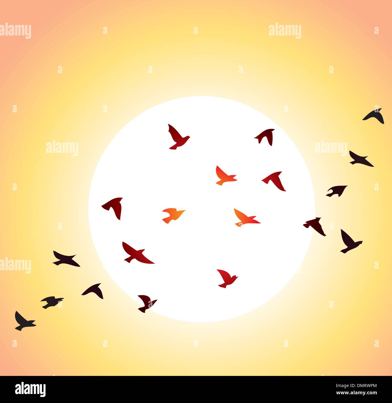 Uccelli in volo e il sole luminoso Illustrazione Vettoriale