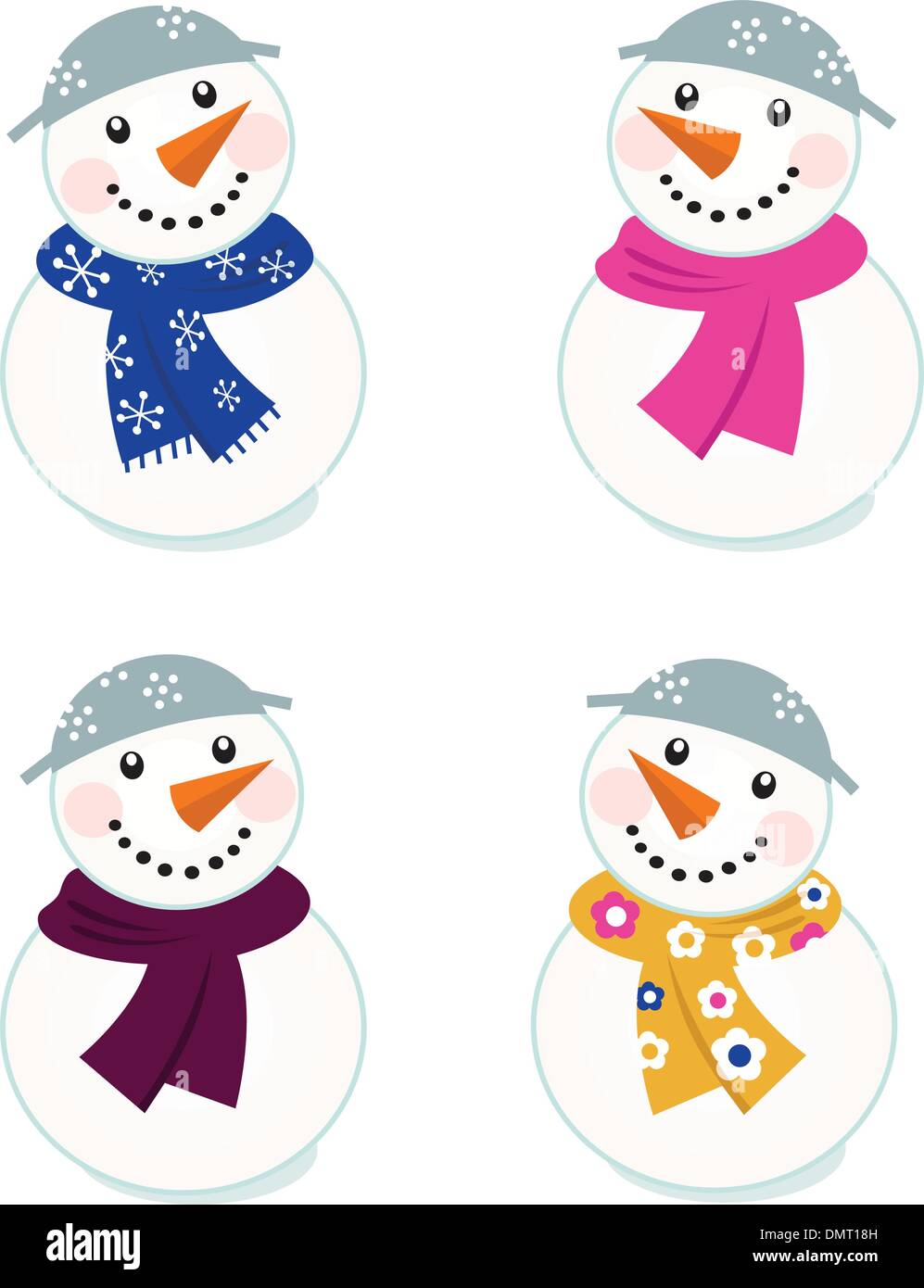 Vettore di Simpatici pupazzi di neve raccolta isolato su bianco Illustrazione Vettoriale