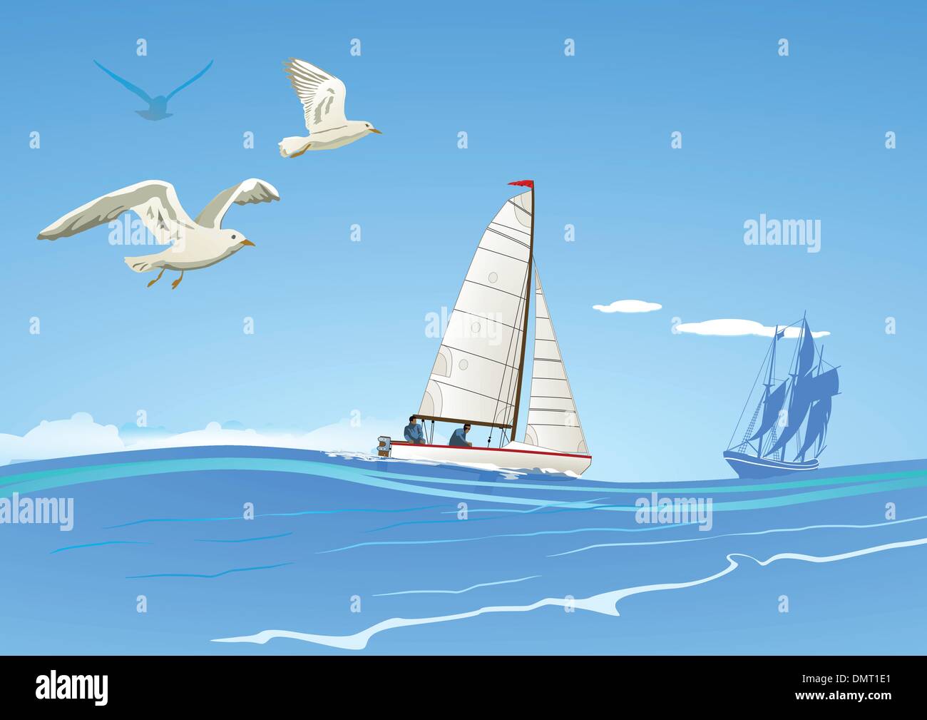 Barca a vela e la nave a vela Illustrazione Vettoriale