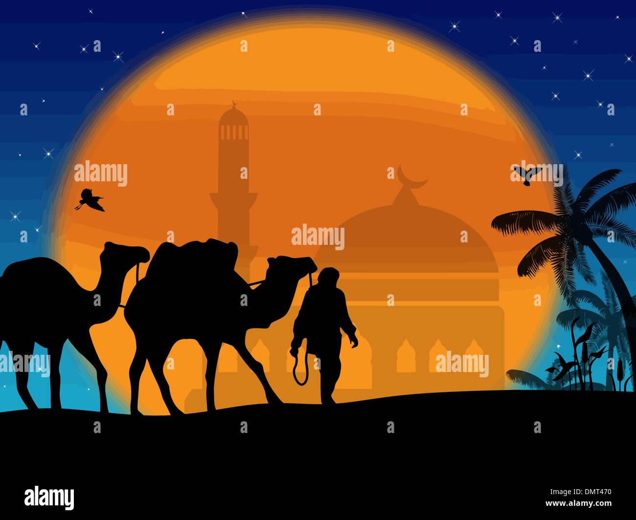 I cammelli nel Sahara con i beduini e moschea Illustrazione Vettoriale