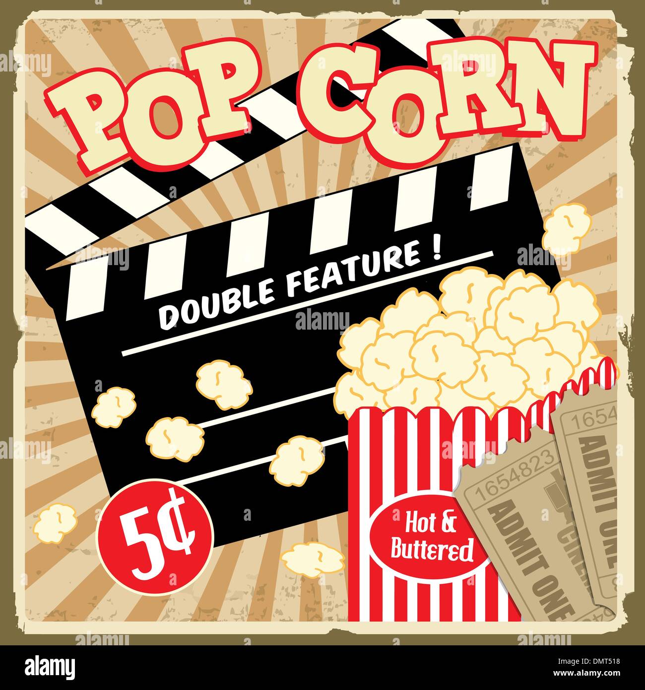 Popcorn con battaglio board e biglietti per il cinema poster vintage Illustrazione Vettoriale