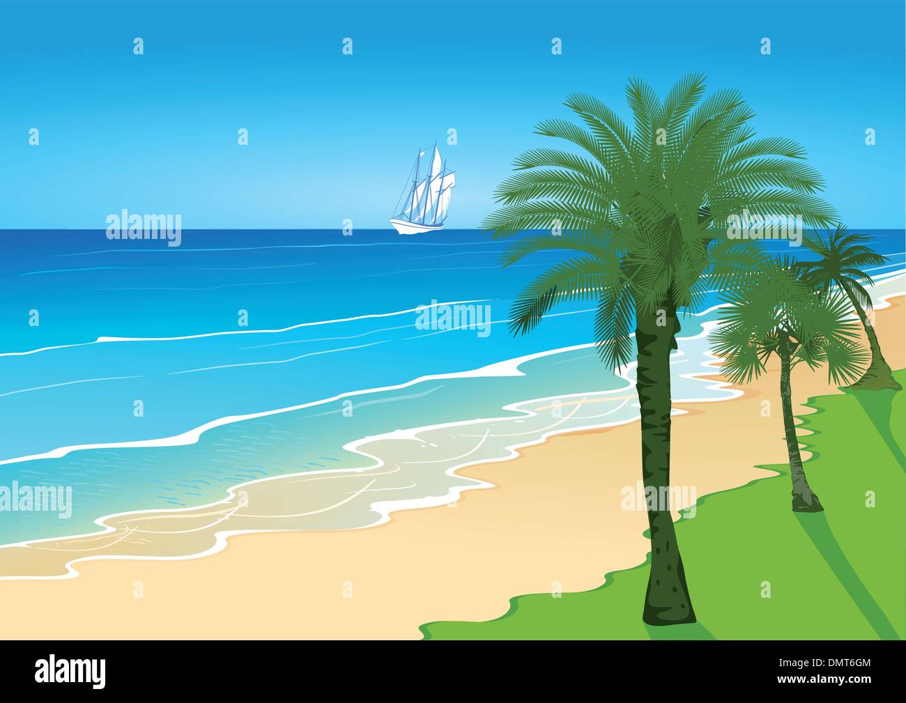 Spiaggia con palme e nave a vela Illustrazione Vettoriale
