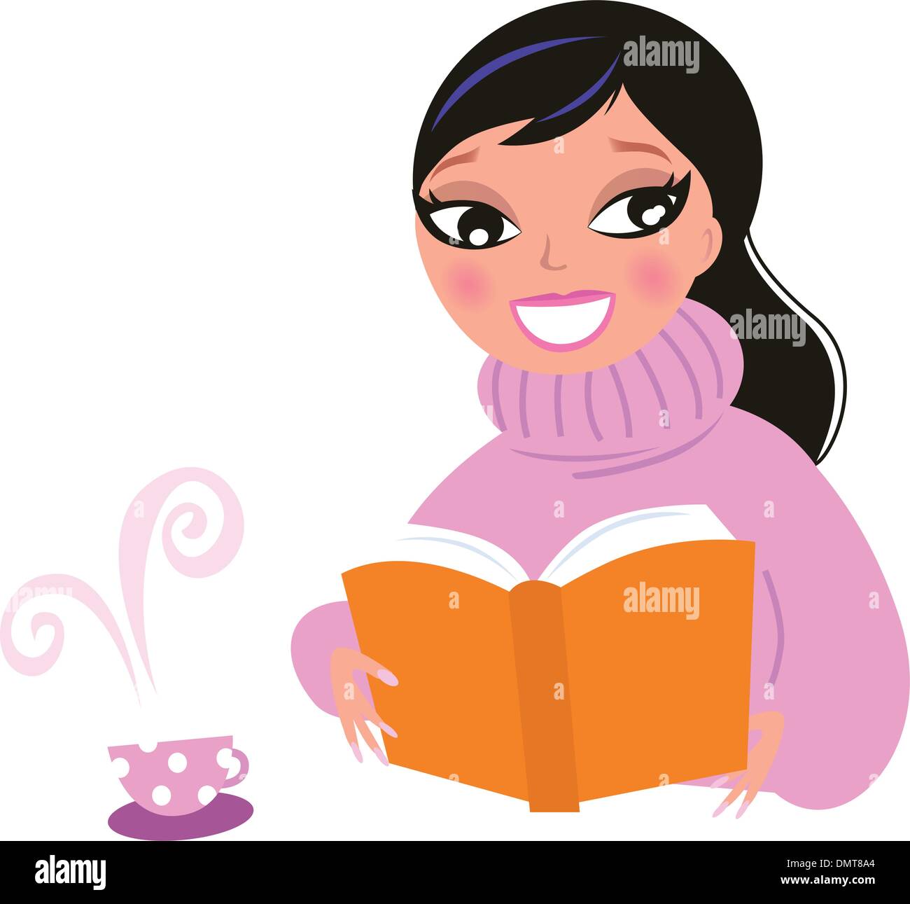Carino donna in caldo pullower bere il caffè durante la lettura del libro Illustrazione Vettoriale