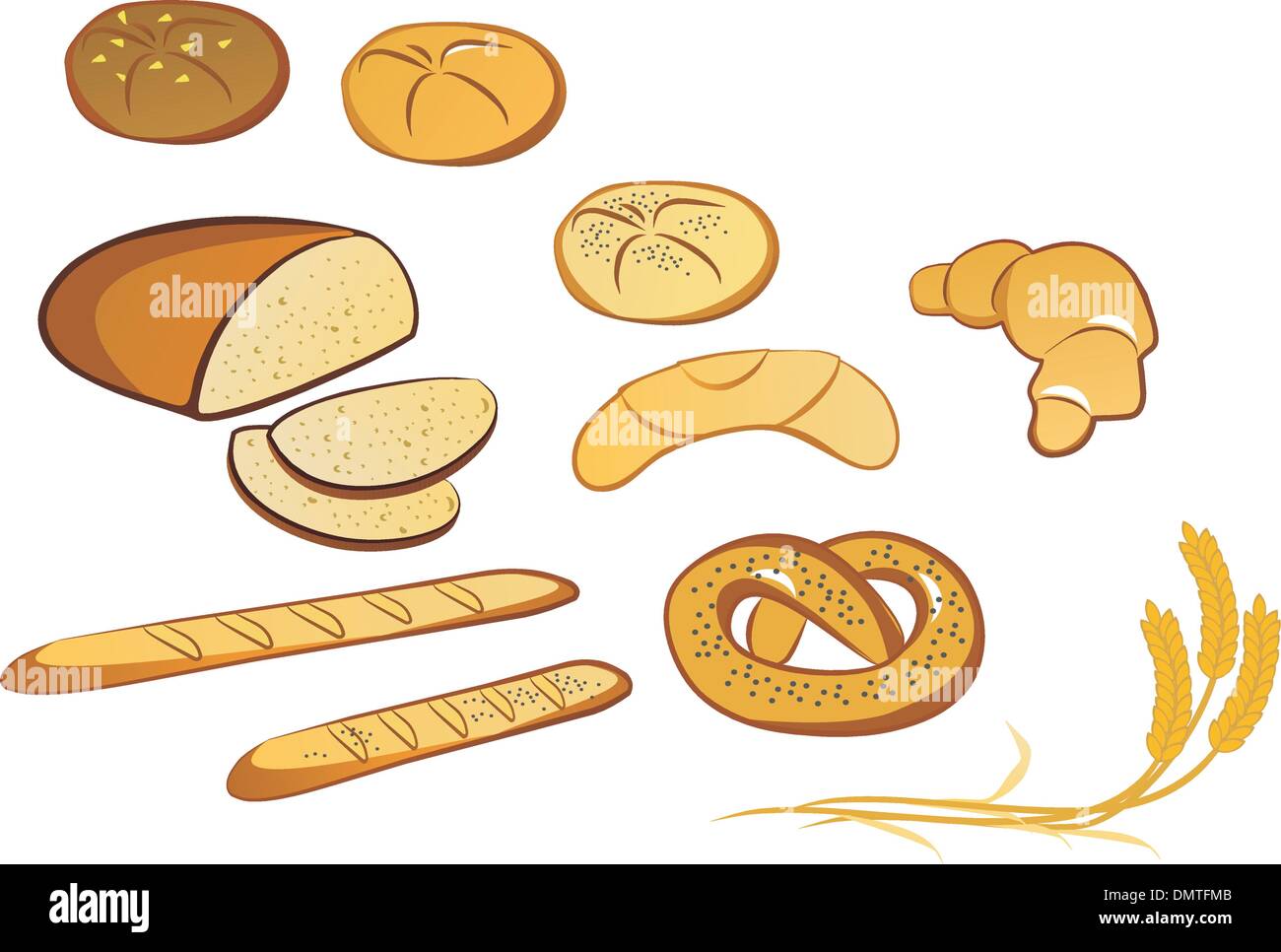 Set di pane isolato, bun, beni cotti al forno Illustrazione Vettoriale