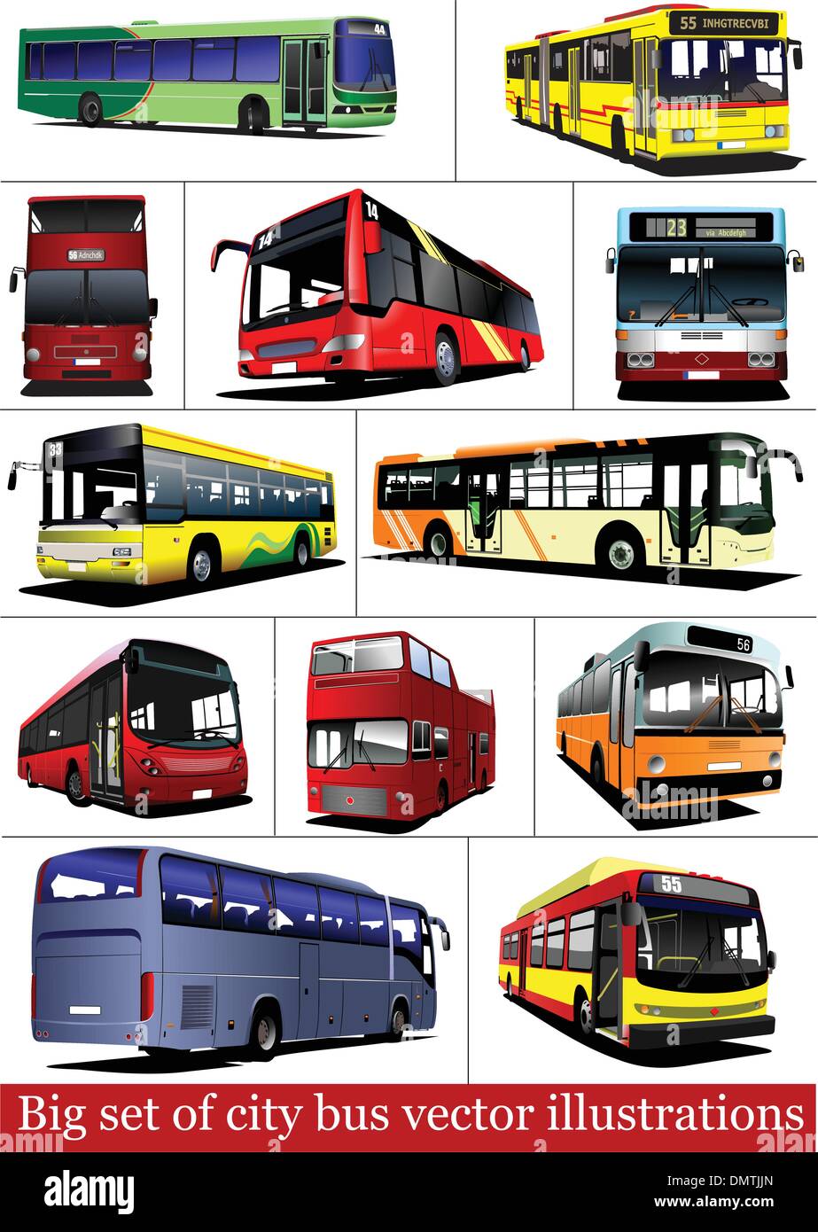 Grande set di autobus della città. Pullman turistici. Illustrazione Vettoriale per de Illustrazione Vettoriale
