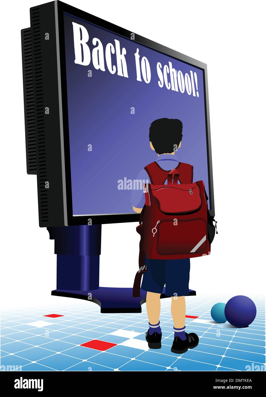 Scolaro andando a scuola.. Si torna a scuola. Monitor e libri. Illustrazione Vettoriale