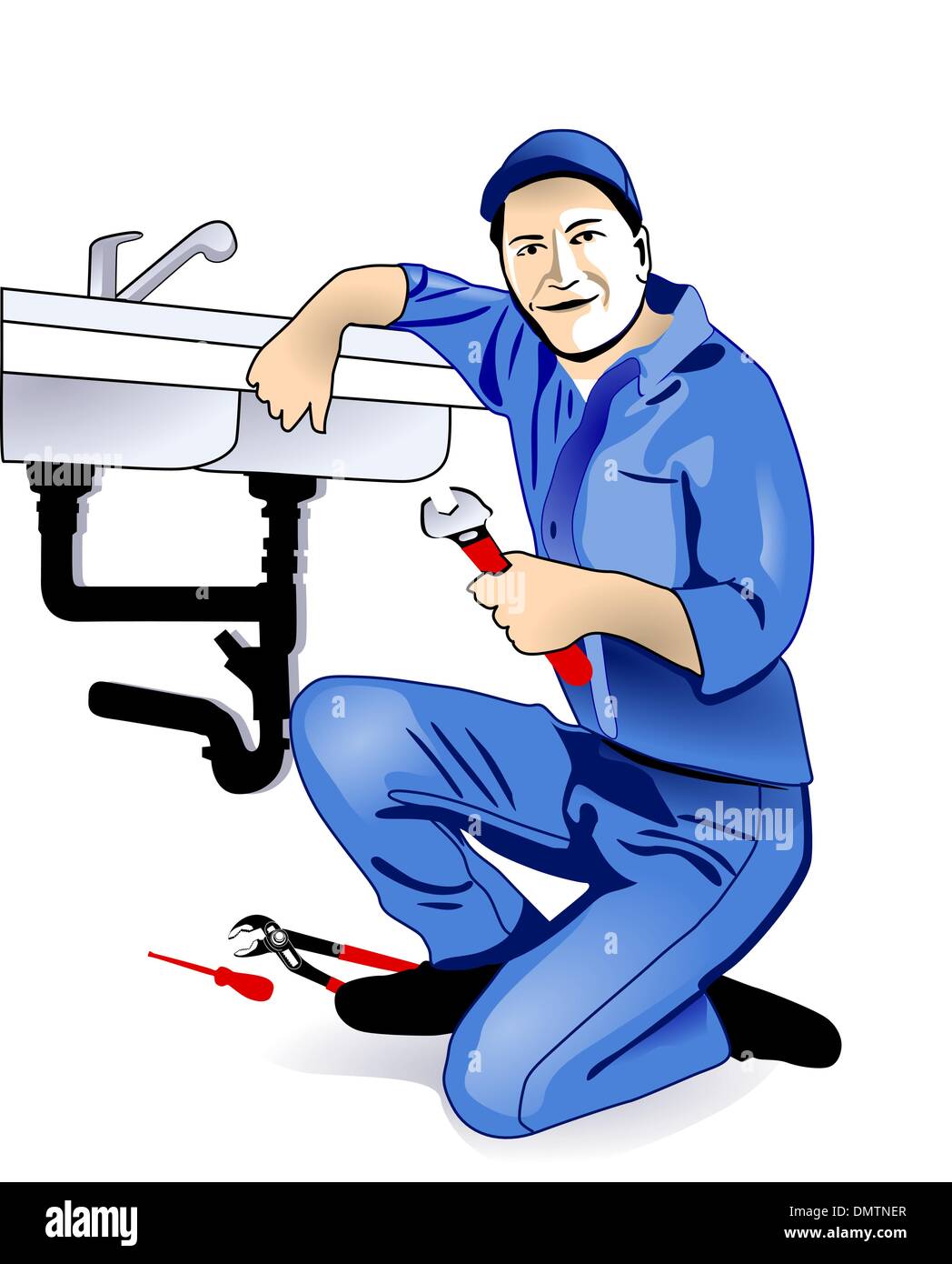 Plumber che fissa un lavello in cucina Illustrazione Vettoriale