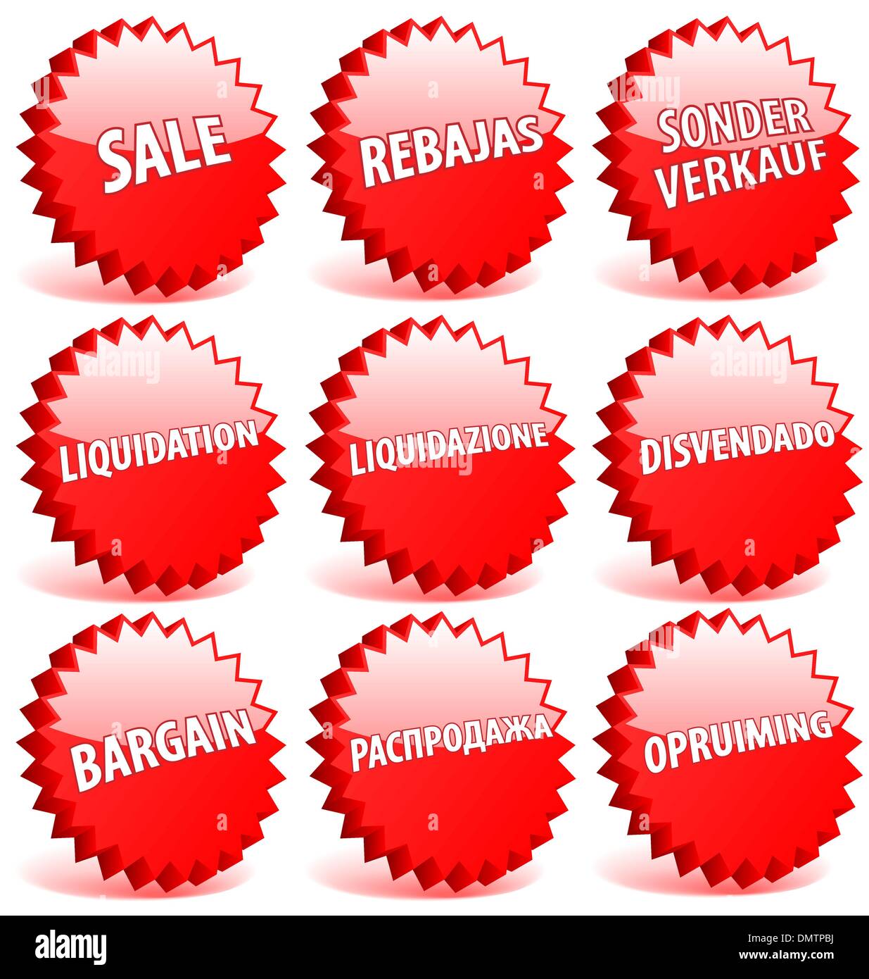 Set di red vettore 3D star i badge con word in vendita in lan diversa Illustrazione Vettoriale