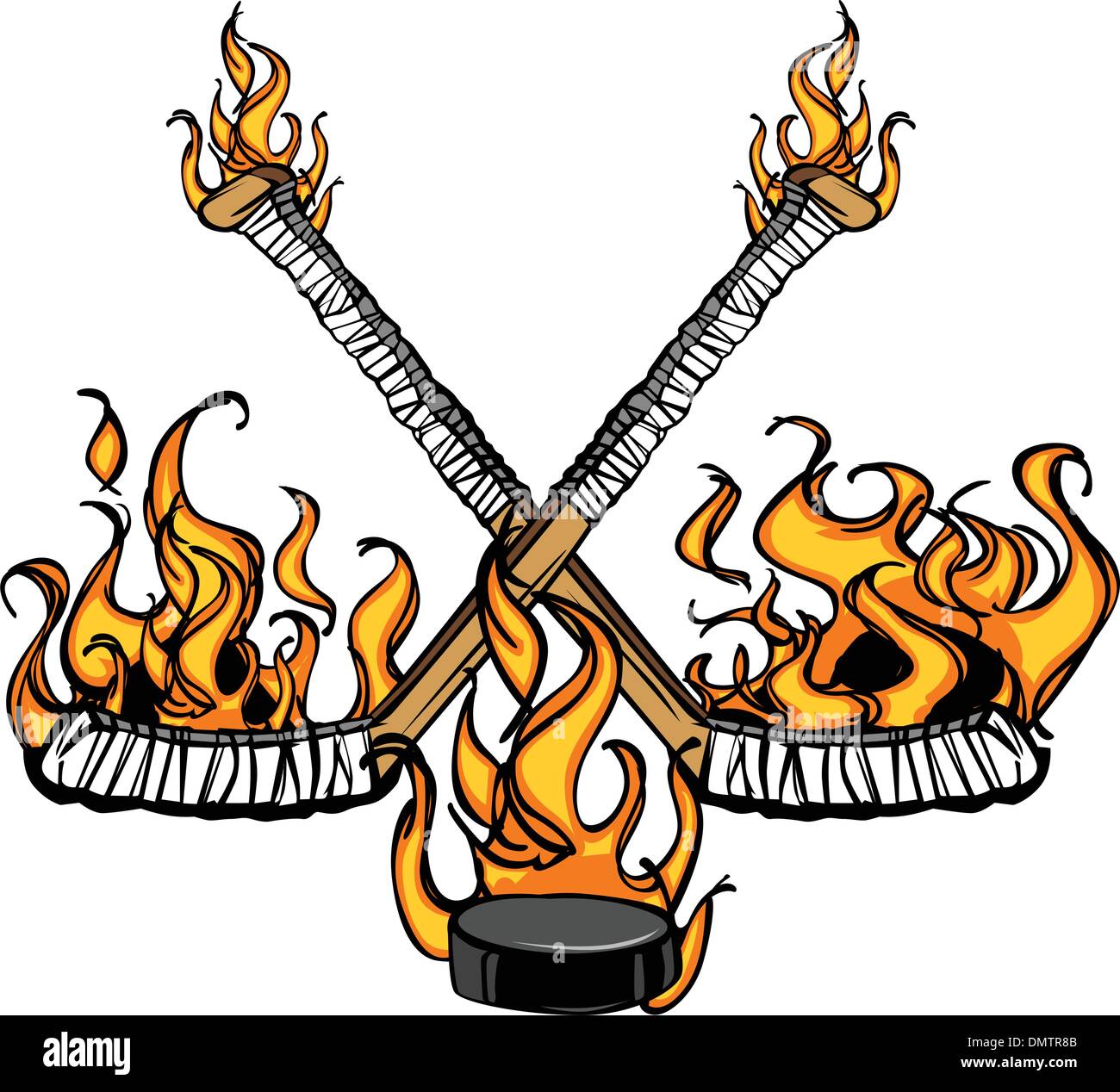 Bastoni da hockey e Puck Flaming Cartoon illustrazione Illustrazione Vettoriale