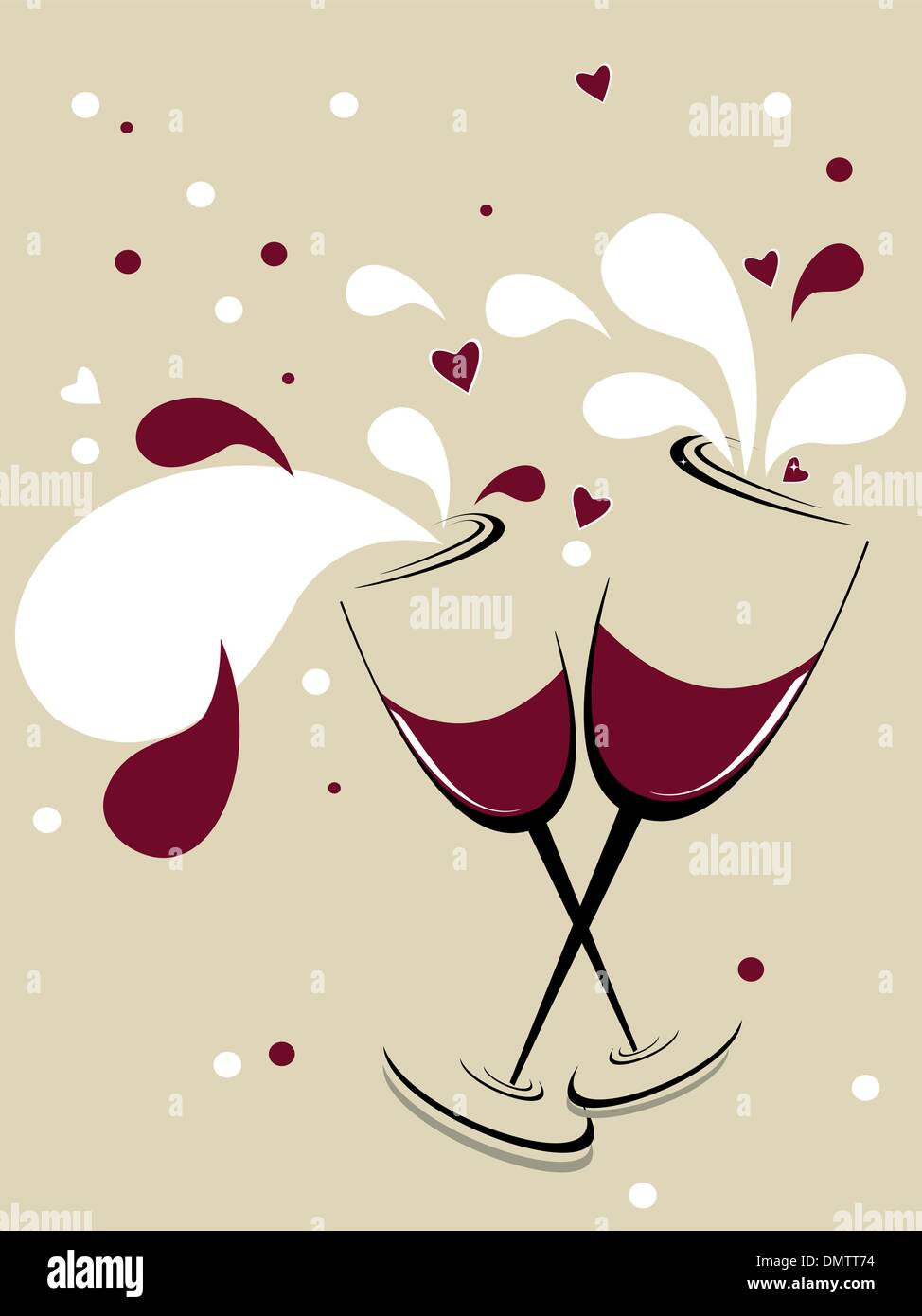 Vetro con vino rosso, romantico cuori Illustrazione Vettoriale