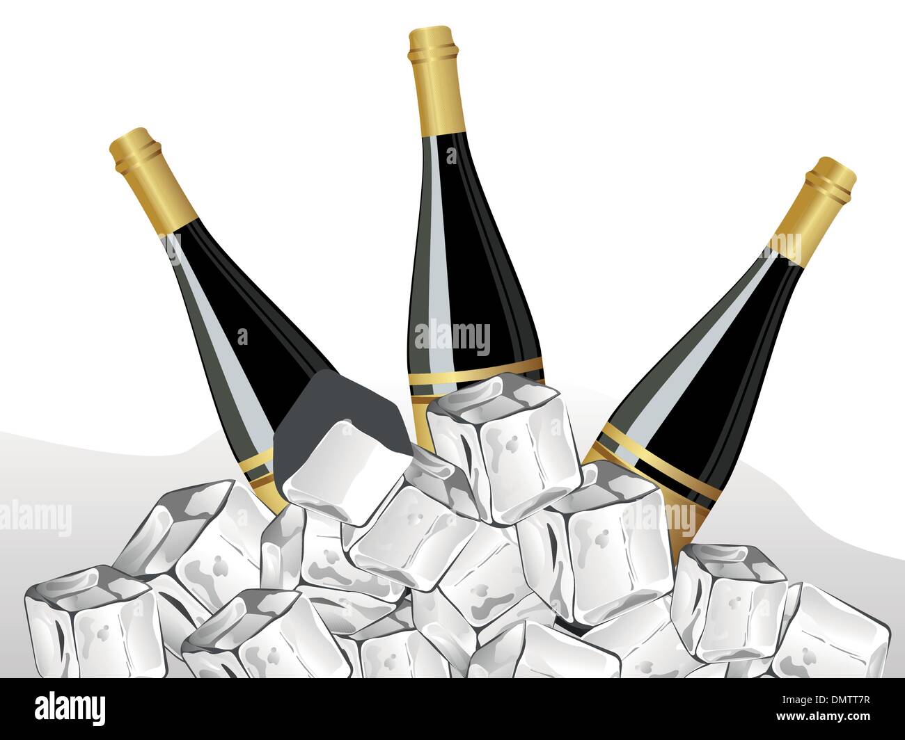 Set di tre bottiglie di champagne,il cubo di ghiaccio per il nuovo anno Illustrazione Vettoriale