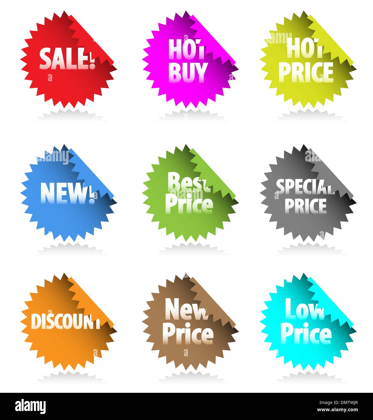 Set di adesivi di vettore con testo promozionale. Perfetto per il mercato Illustrazione Vettoriale