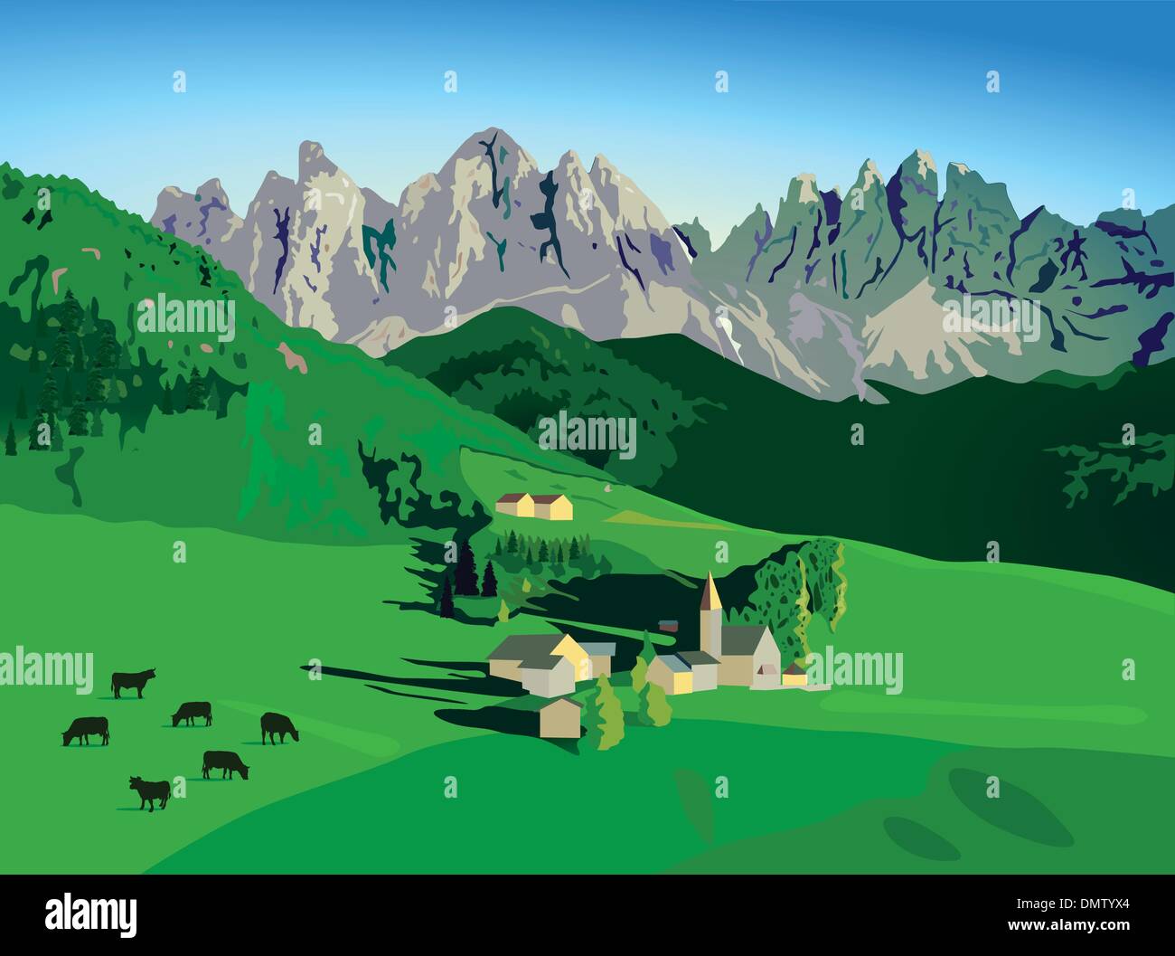 Le montagne con il paesaggio alpino Illustrazione Vettoriale