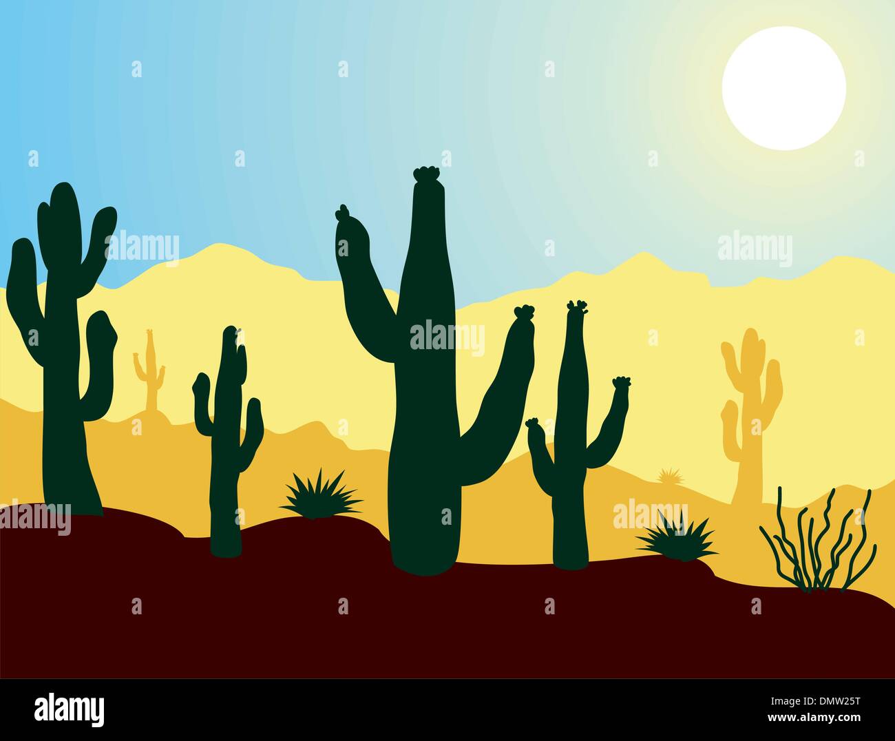 Vettore di piante di cactus e montagne del deserto Illustrazione Vettoriale