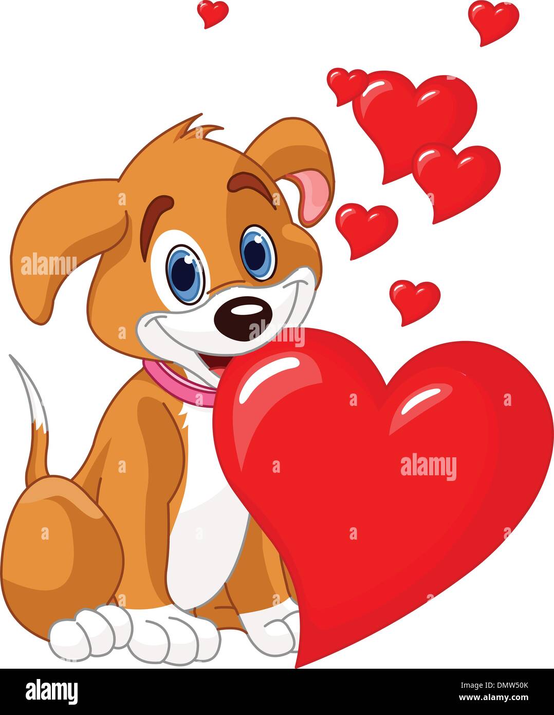Cucciolo tenendo un cuore rosso nella sua bocca Illustrazione Vettoriale