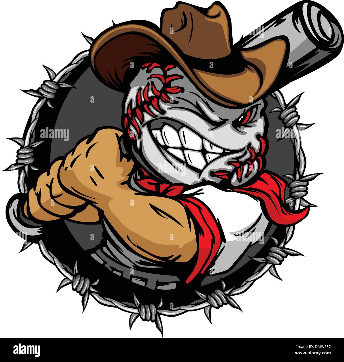 Cartoon Cowboy Baseball faccia tenendo mazza da baseball Illustrazione Vettoriale